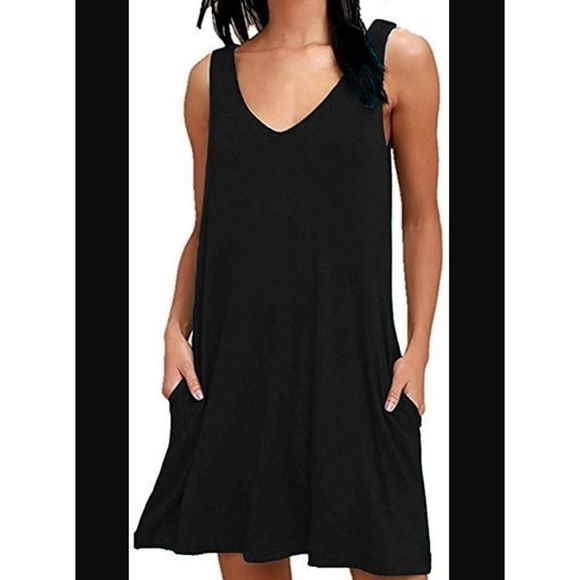 - Dresses & Skirts - Sleeveless Pocket V Neck Casual T-Shirt Dress